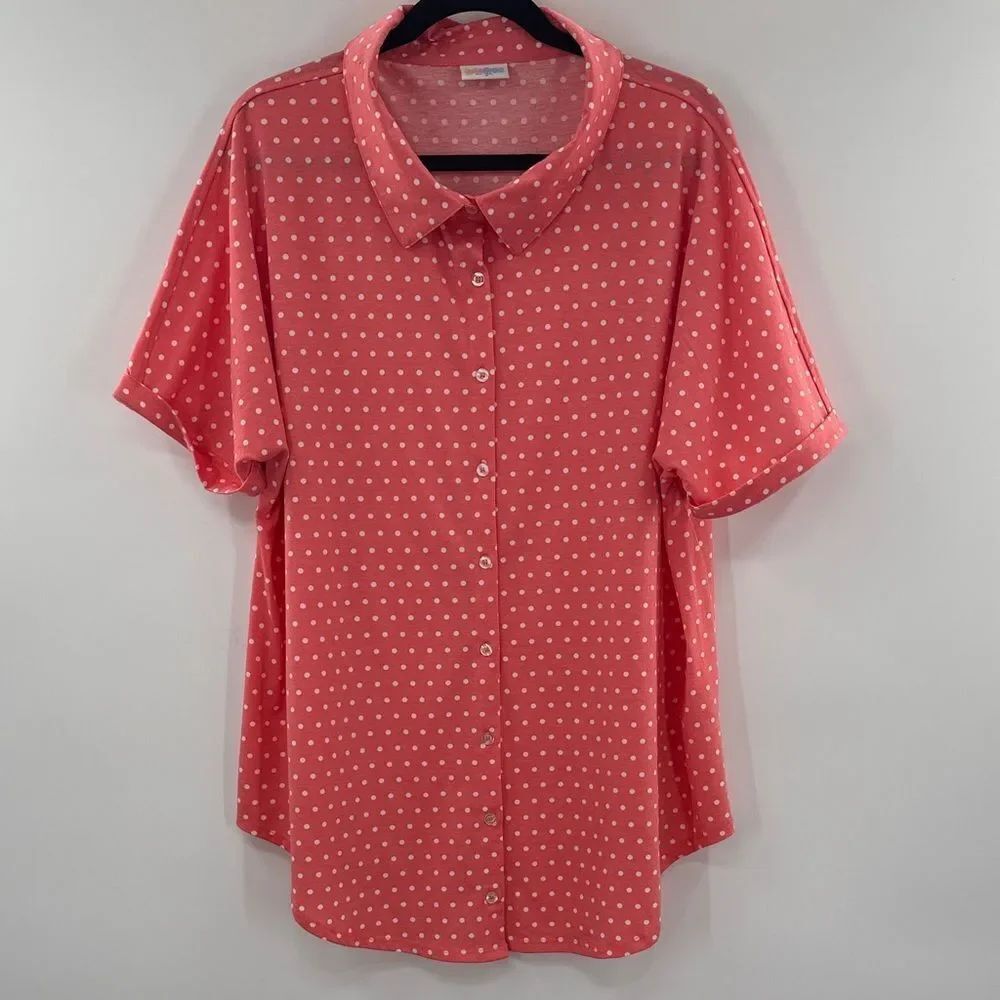 3For$20 LuLaRoe Coral and White Polka Dot Button Down Top NWOT  size XL